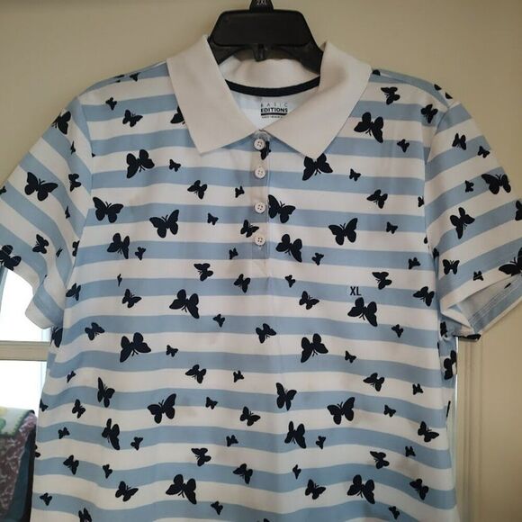 New Basic Editions Blue White Striped Butterflies 4 Button Polo Women's XL - Picture 2 of 2